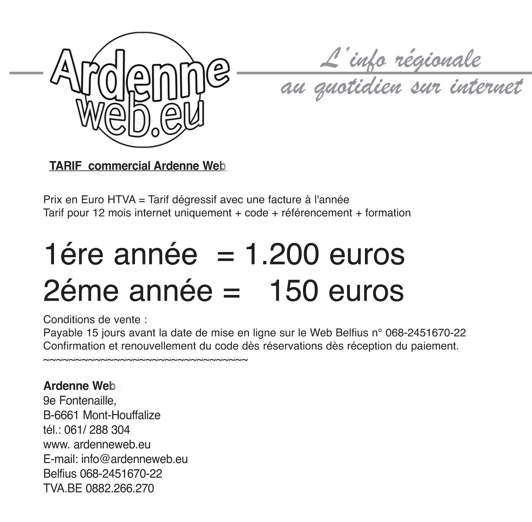 Tarif pour publier sur le site d'Ardenne web magazine