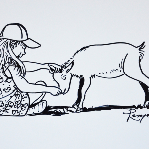 Mais la petite fille n'hésite pas, elle caresse la bikète entre les cornes. Le fermier: "retirez vos mains de la gate, mademoiselle, vos gants vont puer".