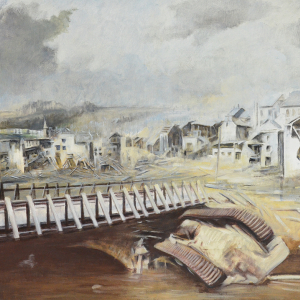 Le char Panther , une peinture de Marie-Elise du char Panther échoué dans l'Ourthe le 15 janvier 1945