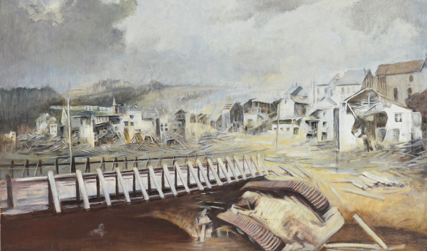 Le char Panther , une peinture de Marie-Elise du char Panther échoué dans l'Ourthe le 15 janvier 1945