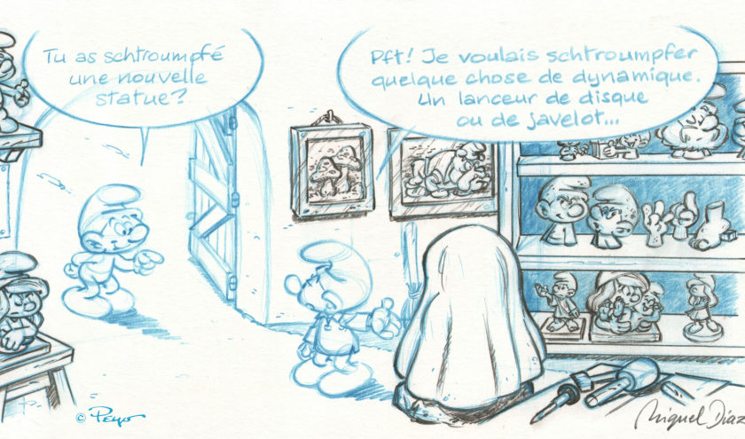 Atelier du Schtroumpf sculpteur, Album 42, planche 19, 2024, crayon © Miguel Díaz Vizoso