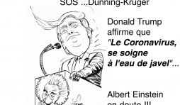 Donald Trump affirme que "Le Coronavirus, se soigne à l'eau de javel" tandis qu'Albert Einstein en doute !!! ".. Après les masques, le vaccin. SOS Dunning-Kruger. Caricature de jean-Marie Lesage.